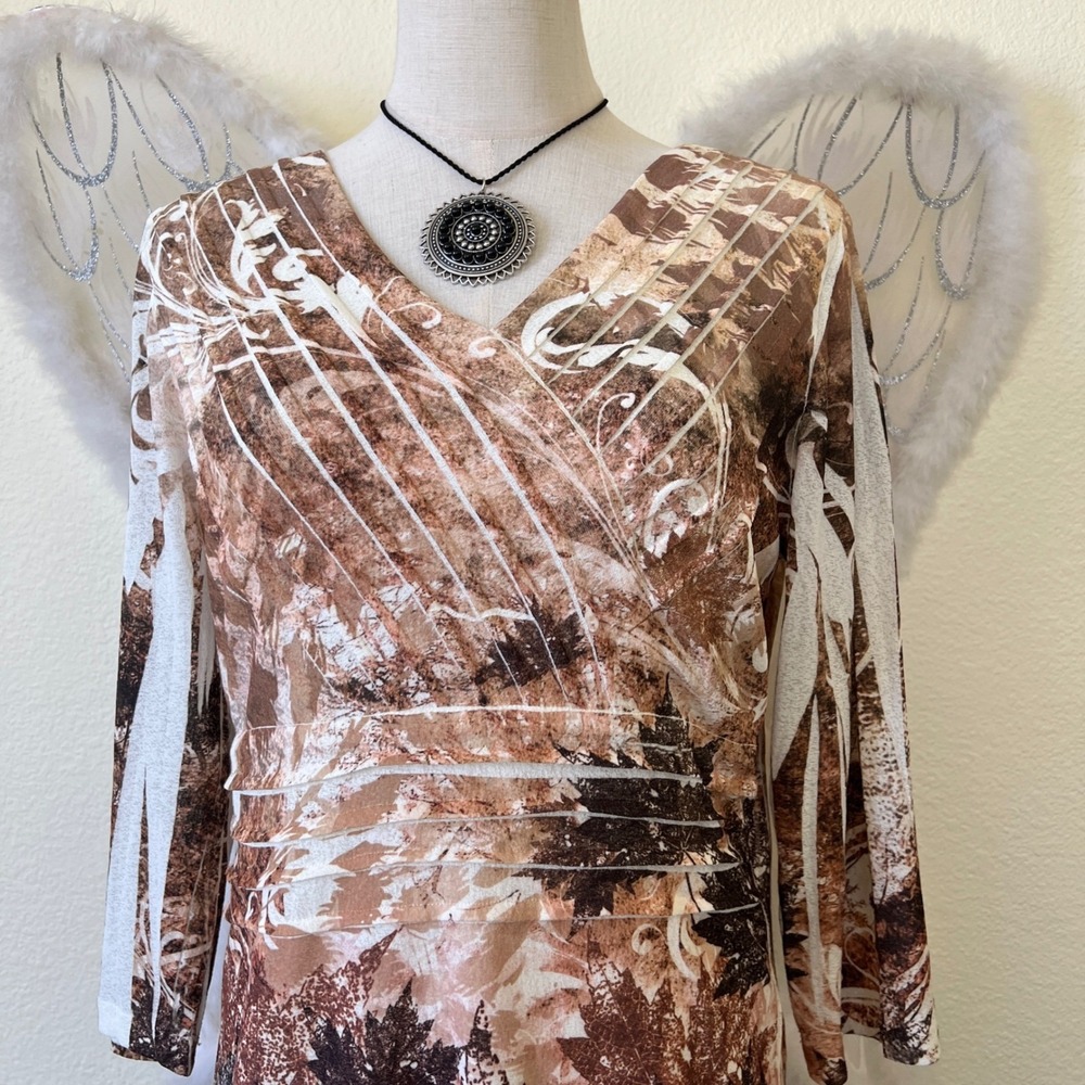 Indie Fairy Grunge Brown Leaf Print Long Sleeve V Neck Top Forestcore Babydoll - Picture 2 of 8